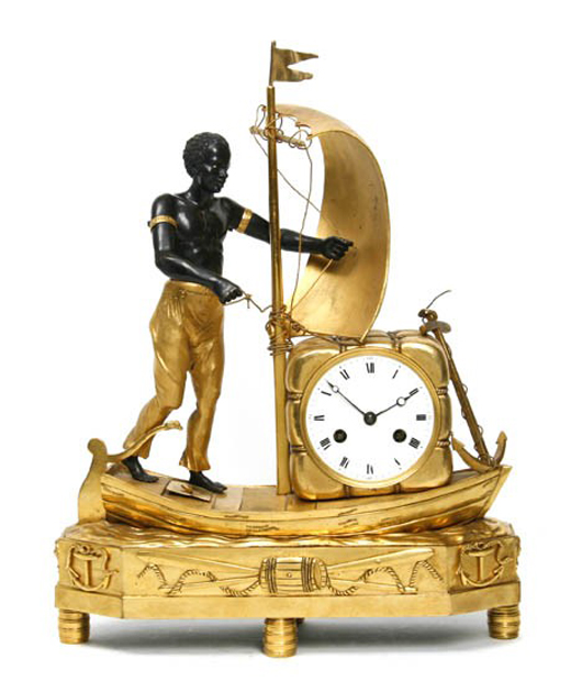 Gilt and patinated bronze figural mantel clock turned $34,160. Image courtesy of Leslie Hindman Auctioneers.